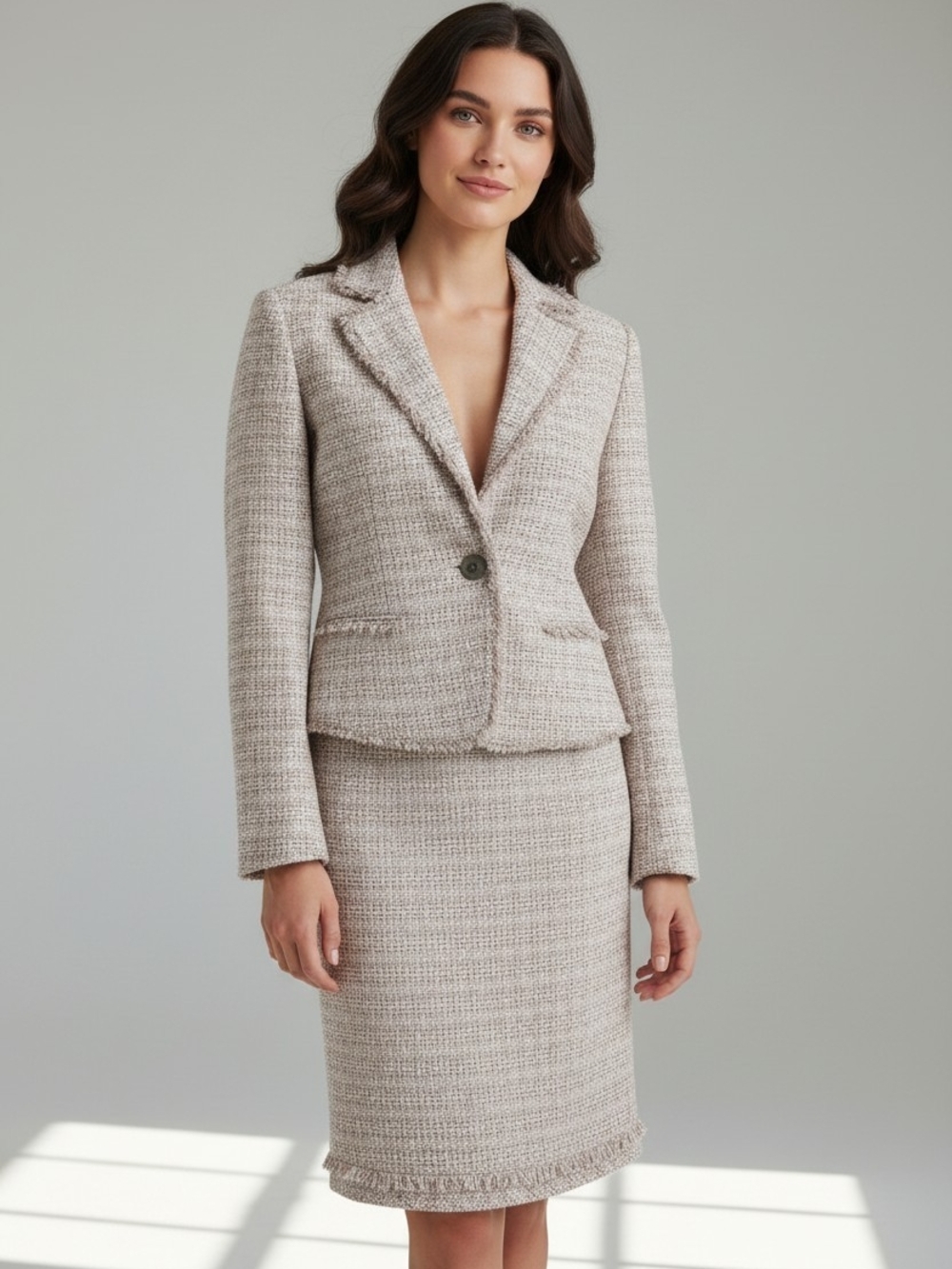 White House Black Market Lilac Tweed Skirt Blazer Set Fringe Pencil Skirt Sz 8